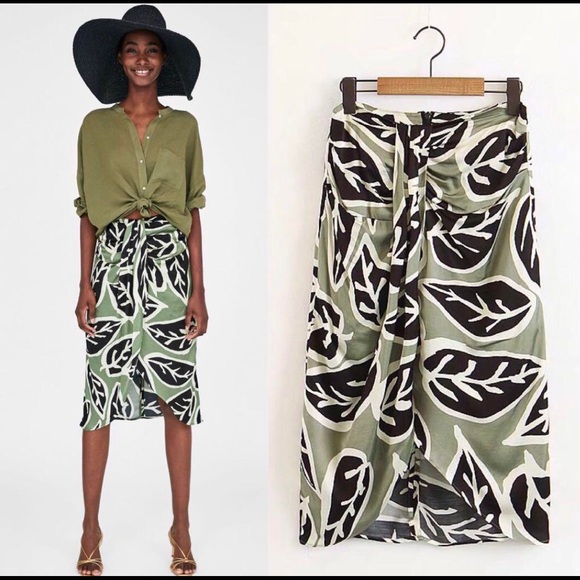 Zara Green Leaf Print Midi Skirt Pencil Faux Wrap High Waist XS - Picture 3 of 6